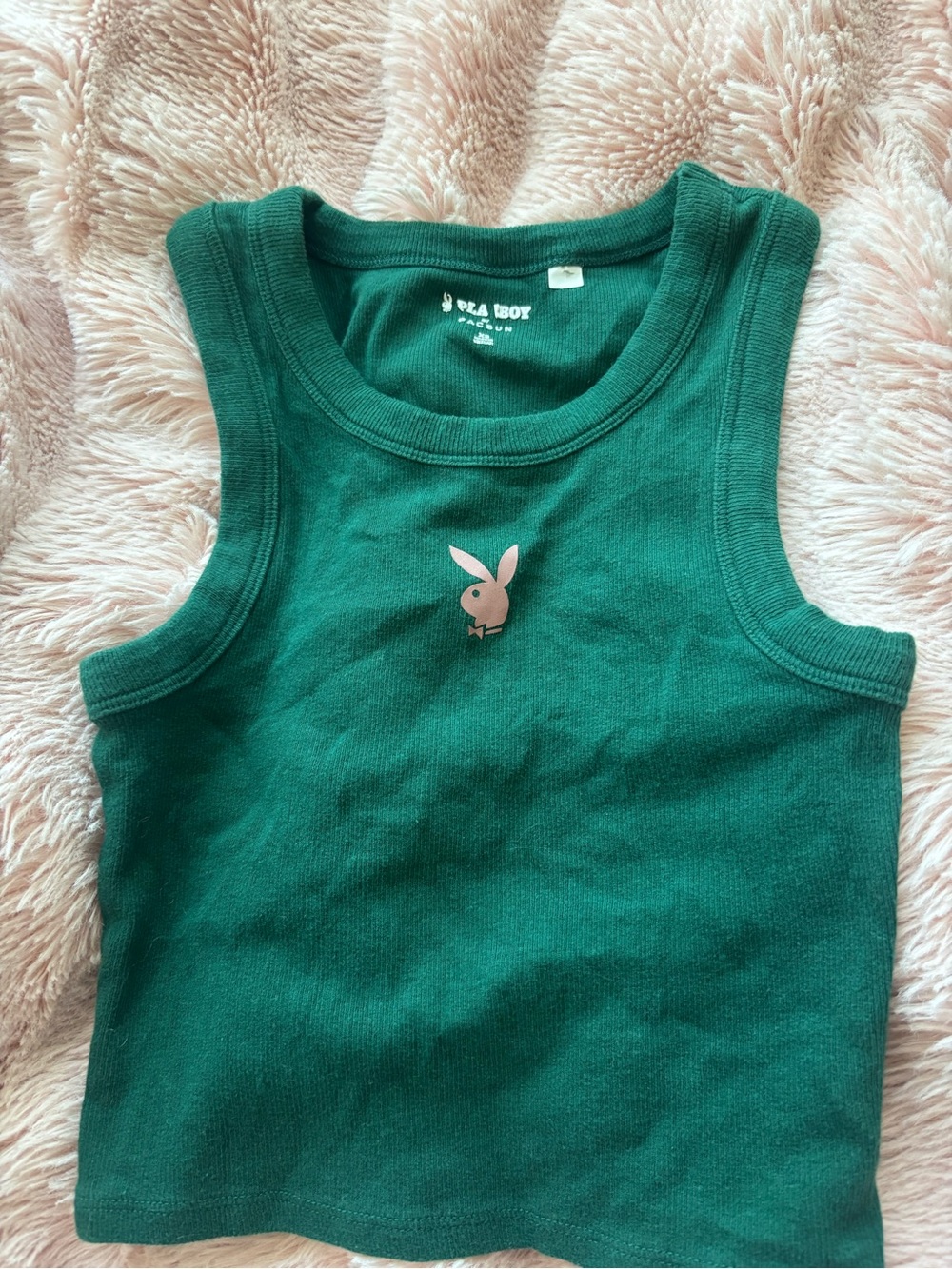 PLAYBOY Green Ribbed Tank with Pink Bunny Logo